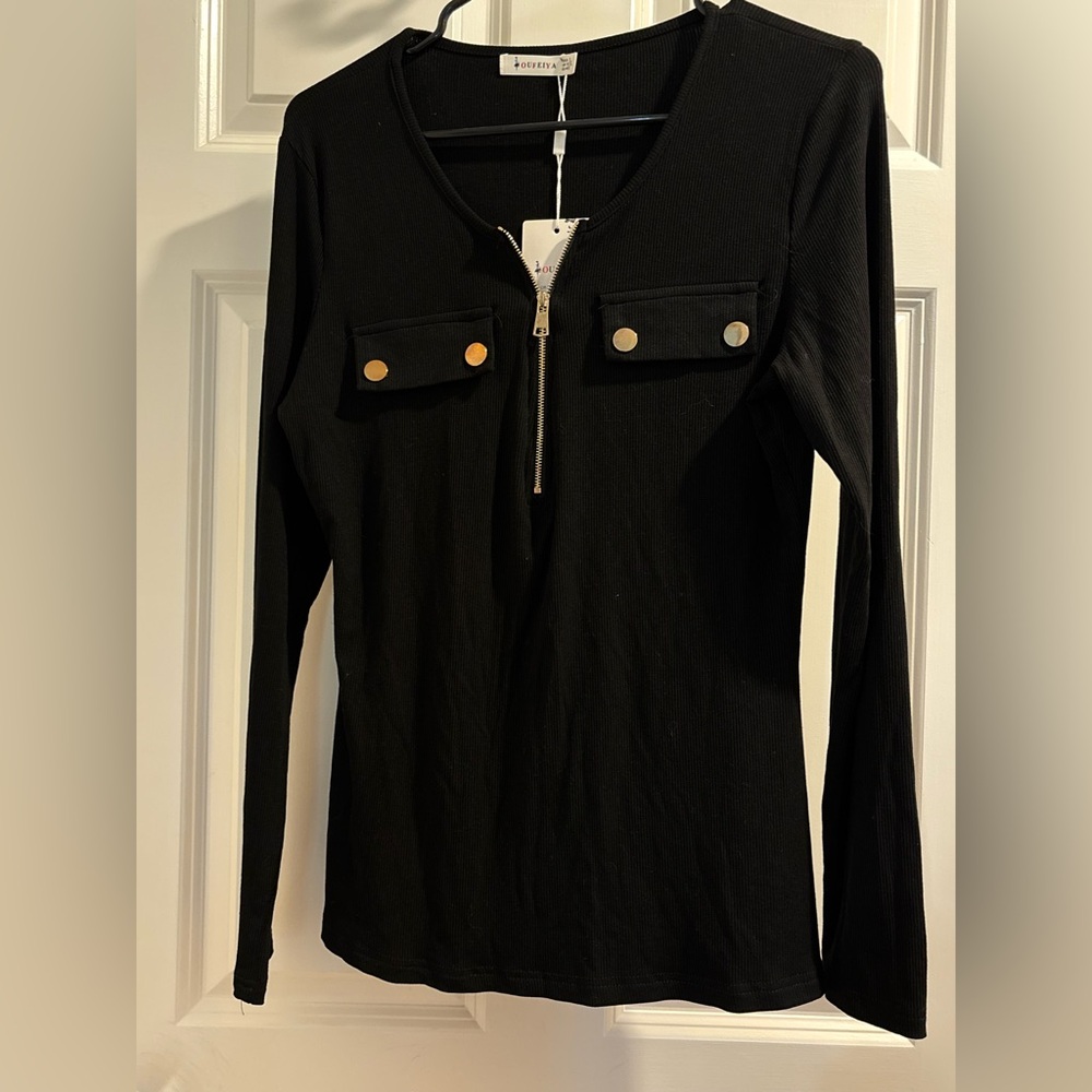 Black Button Long Sleeve Zip Blouse